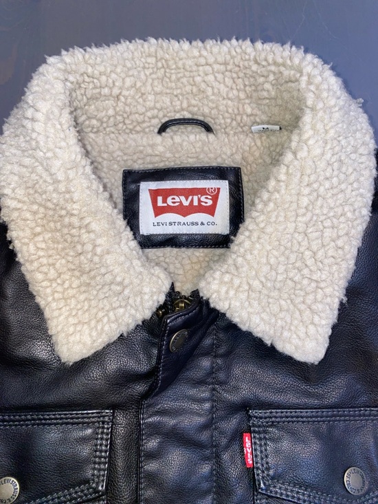 Levi's Dark Brown Faux Leather Bomber Jacket with Cream Sherpa Collar - Picture 4 of 10